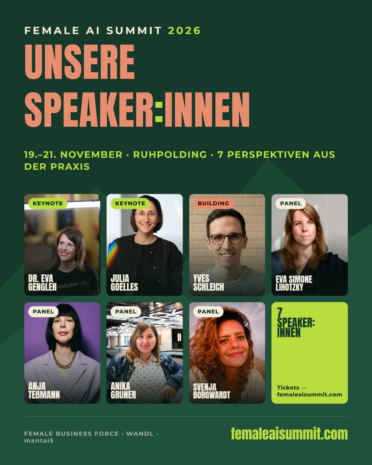 Female AI Summit 2026 — 7 Speaker:innen: Dr. Eva Gengler, Julia Goelles, Yves Schleich, Eva Simone Lihotzky, Anja Teßmann, Anika Gruner, Svenja Borgwardt